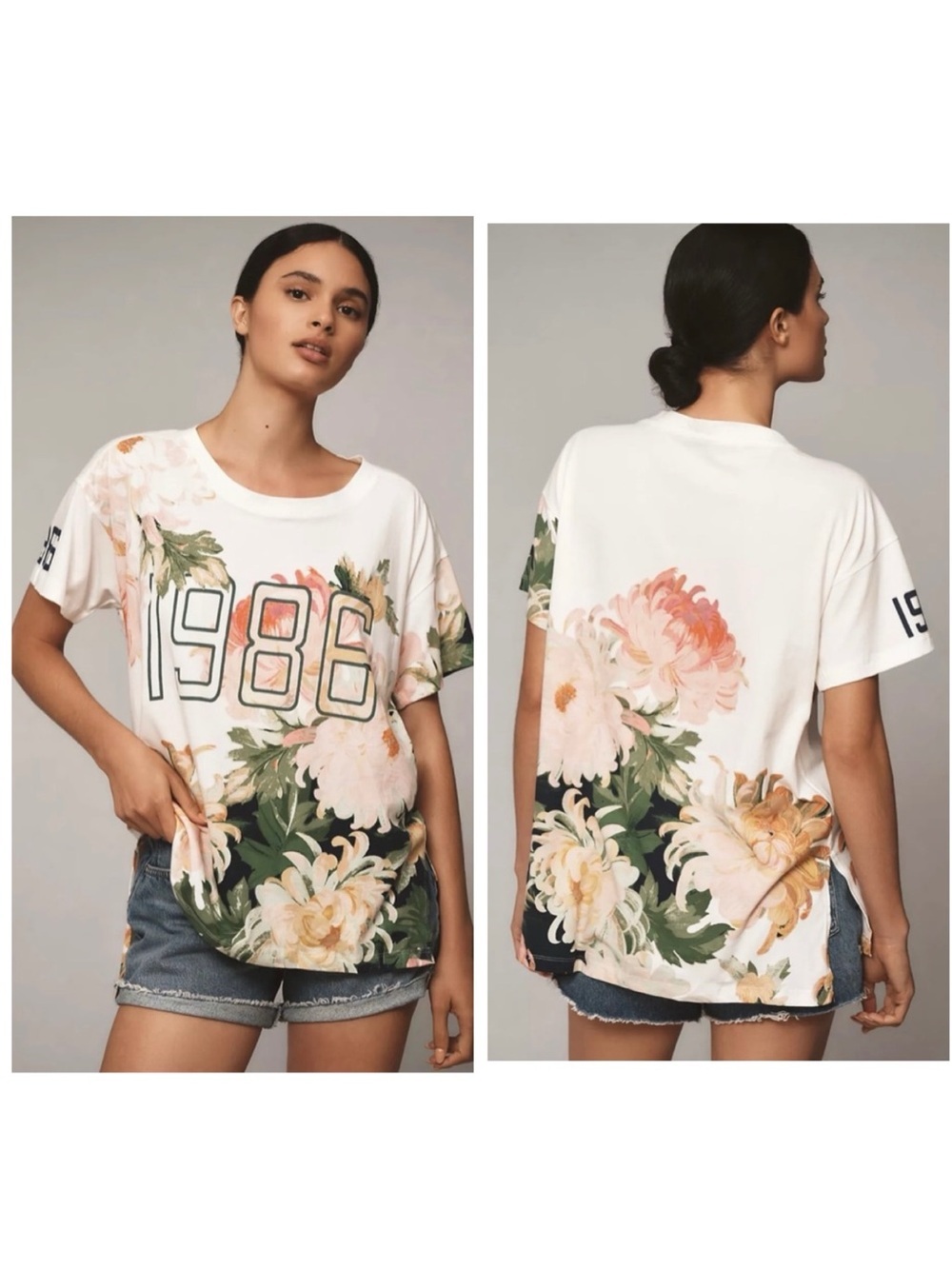 Anthropologie Floral 1986 Oversized Cotton Graphic Tee Crew Short Sleeve Slits M